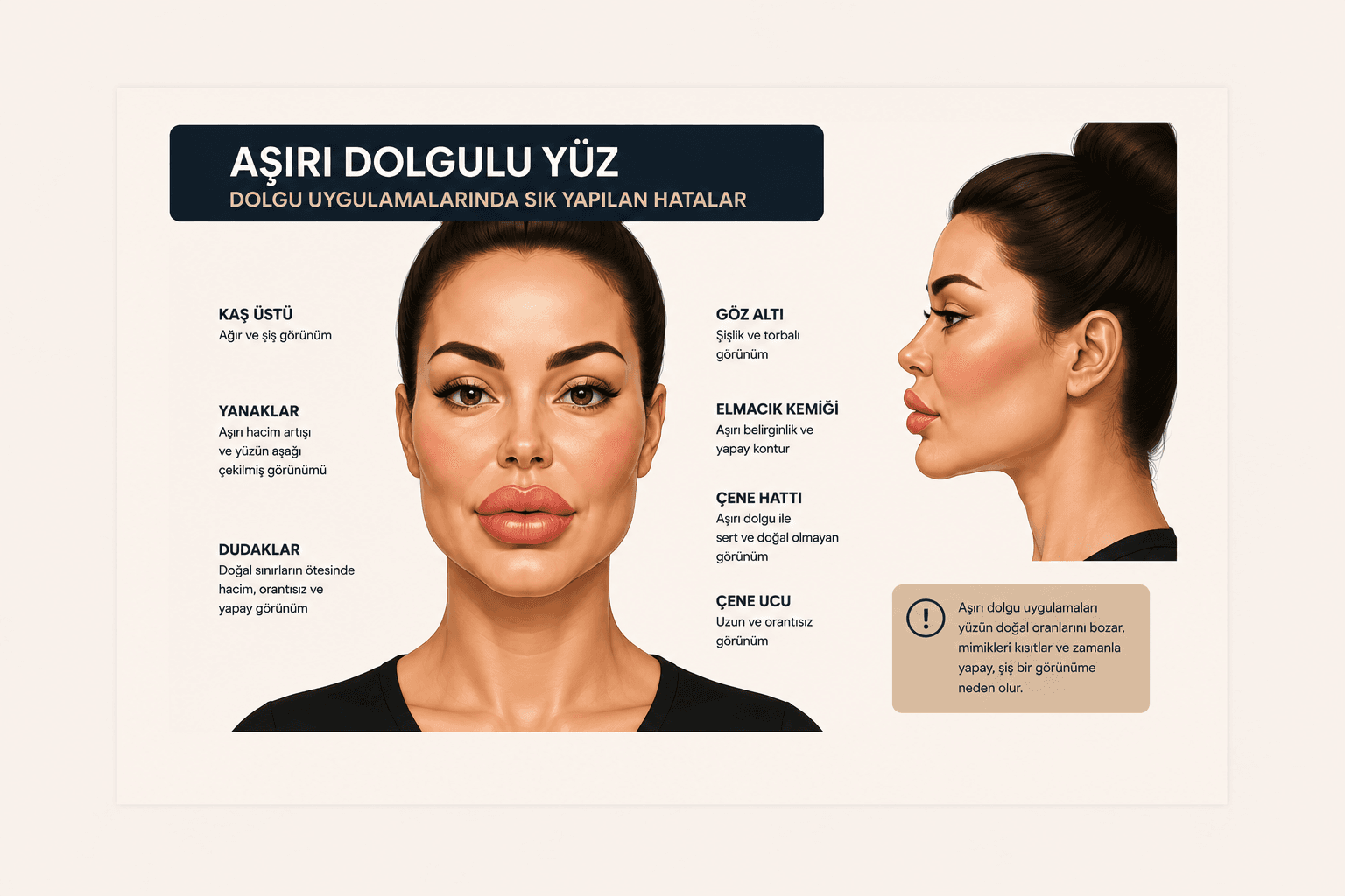 Aşırı yüz dolgusu uygulamalarında sık görülen hataları ve doğal olmayan yüz görünümünü gösteren tıbbi illüstrasyon.