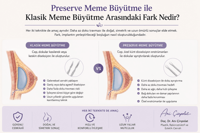 Preserve meme büyütme ile klasik meme büyütme arasındaki farkları gösteren bilgilendirici görsel.