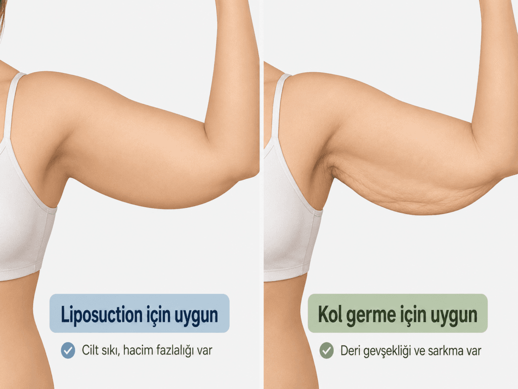 Liposuction için uygun, cildi sıkı ve hacimli kol ile kol germe için uygun, deri gevşekliği ve sarkması bulunan kolun yan yana tıbbi karşılaştırma çizimi.