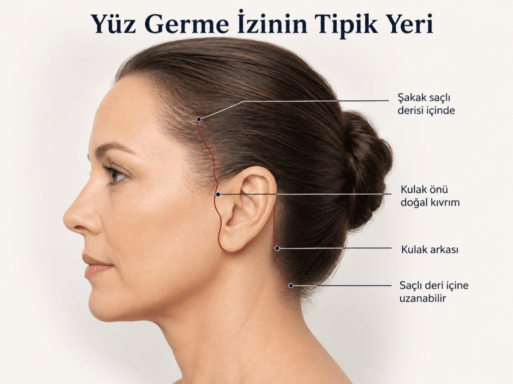 Yüz germe ameliyatında izin şakak saçlı derisi, kulak önü doğal kıvrımı, kulak arkası ve saçlı deri içerisindeki tipik yerleşimini gösteren tıbbi illüstrasyon.