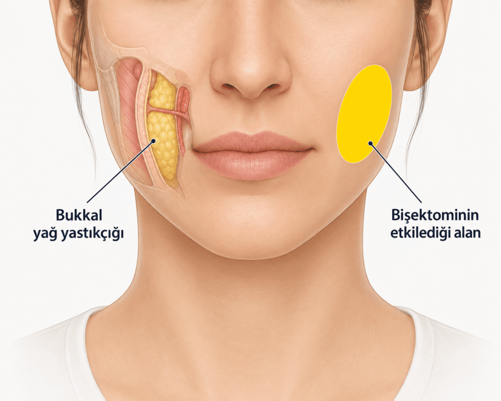 Bukkal yağ yastıkçığının anatomik konumu ve bişektominin etkilediği yanak bölgesi
