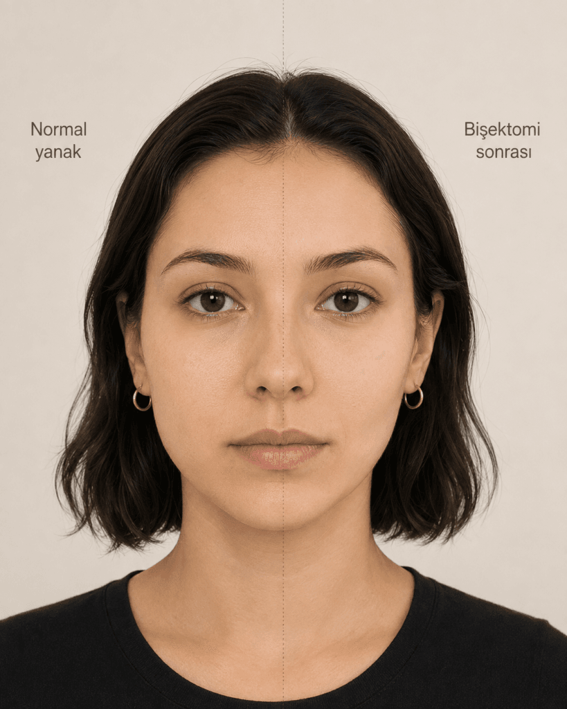 Normal yanak ile bişektomi sonrası yanak konturunun şematik karşılaştırması
