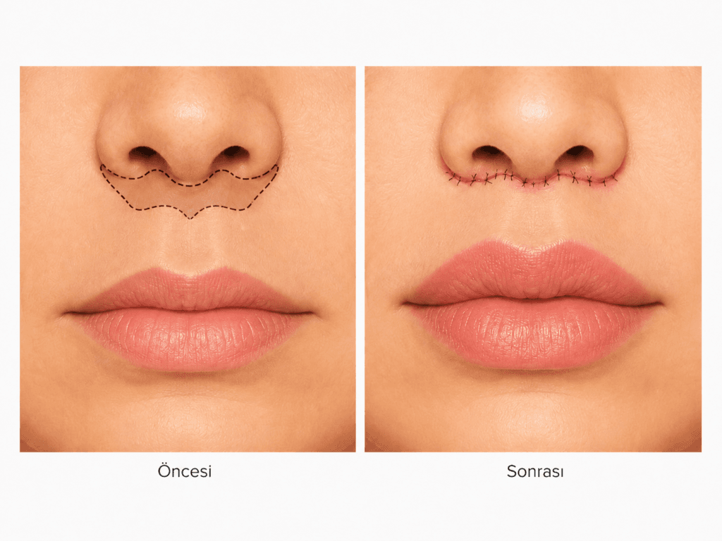Lip lift ameliyatında bullhorn tekniği, çıkarılacak deri alanı ve ameliyat sonrası üst dudak görünümü