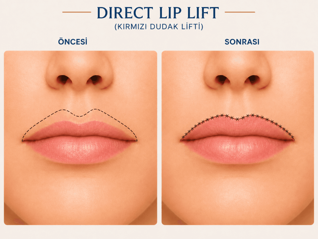 Direct lip lift ameliyatında vermilion hattından çıkarılan deri ve ameliyat sonrası dikiş hattını gösteren şematik görsel