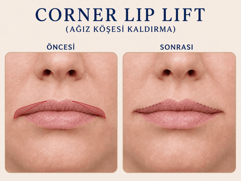 Corner lip lift ameliyatında ağız köşelerinden çıkarılan deri alanı ve ameliyat sonrası dikiş hattını gösteren şematik görsel
