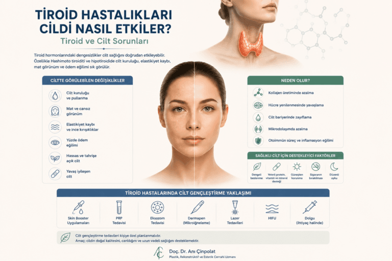 Tiroid hastalıklarının cilt kuruluğu, elastikiyet kaybı, mat görünüm ve cilt kalitesi üzerindeki etkilerini gösteren tıbbi görsel.
