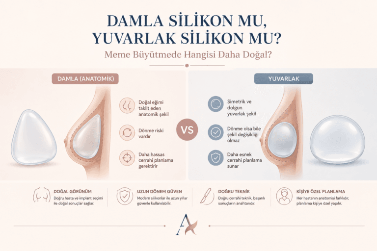 Damla (anatomik) ve yuvarlak silikon implantların doğal görünüm, rotasyon riski ve cerrahi planlama açısından karşılaştırılması.