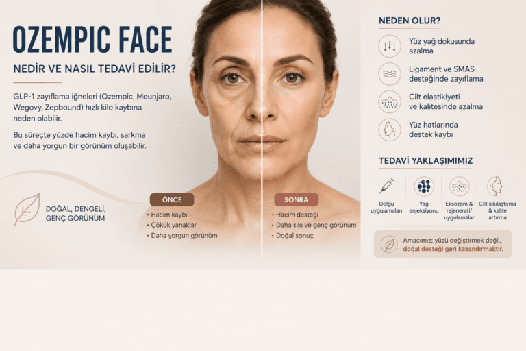 Ozempic Face (GLP-1 zayıflama iğneleri sonrası yüzde hacim kaybı) oluşumunu ve doğal tedavi yaklaşımını gösteren tıbbi illüstrasyon.