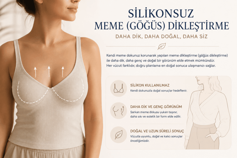 Silikonsuz meme (göğüs) dikleştirme ameliyatını ve doğal meme formunun yeniden şekillendirilmesini anlatan tıbbi illüstrasyon.
