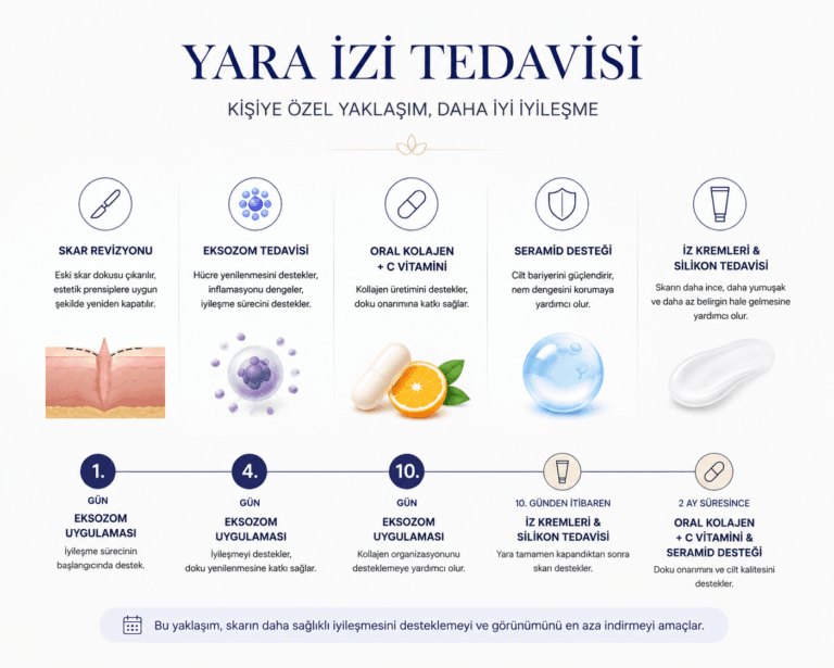 Yara izi tedavisi sürecinde skar revizyonu, eksozom tedavisi, kolajen desteği, seramid ve silikon bazlı iz bakımı yaklaşımlarını gösteren medikal infografik