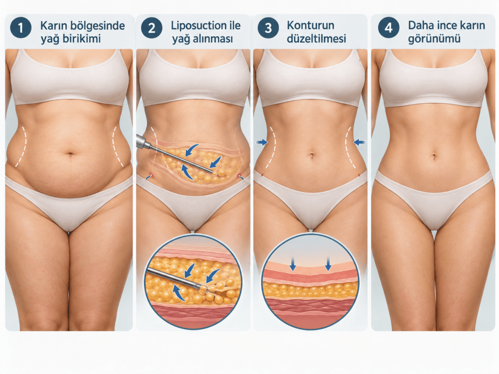 Karın bölgesine uygulanan liposuction işlemini yağ birikiminden yağ alınmasına ve daha ince karın konturuna kadar dört aşamada gösteren şematik görsel.