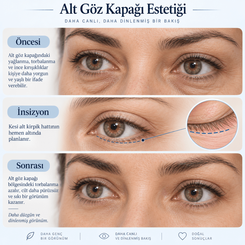 Alt göz kapağı estetiği ameliyatında torbalanma ve kırışıklıkların cerrahi olarak düzeltilmesini gösteren tıbbi infografik