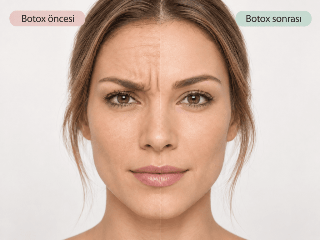 Botox öncesi ve sonrası alın ve kaş arası çizgilerinin şematik karşılaştırması