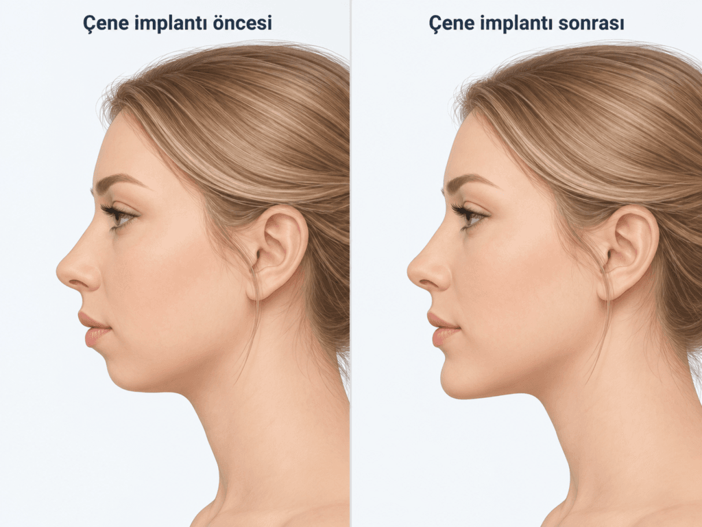 Çene implantı öncesi ve sonrası görünümü gösteren şematik profil karşılaştırması.
