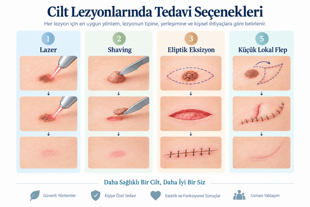 Cilt lezyonlarında tedavi seçeneklerini gösteren şematik infografik: lazer, shaving, eliptik eksizyon ve flep ile onarım.
