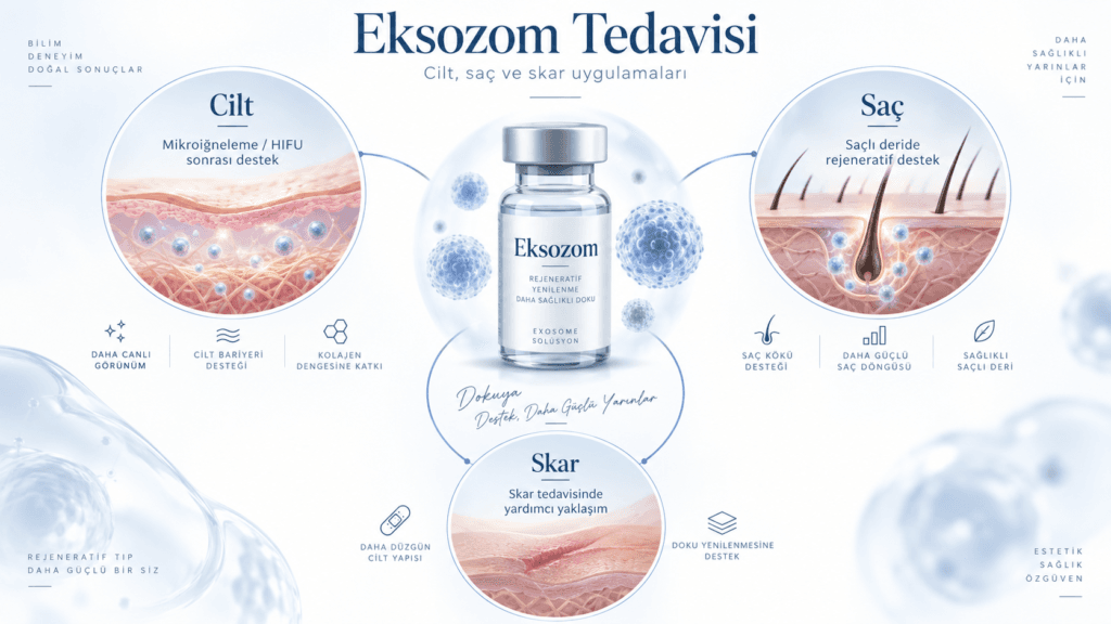 Eksozom tedavisinin cilt, saçlı deri ve skar uygulamalarındaki kullanım alanlarını gösteren medikal infografik