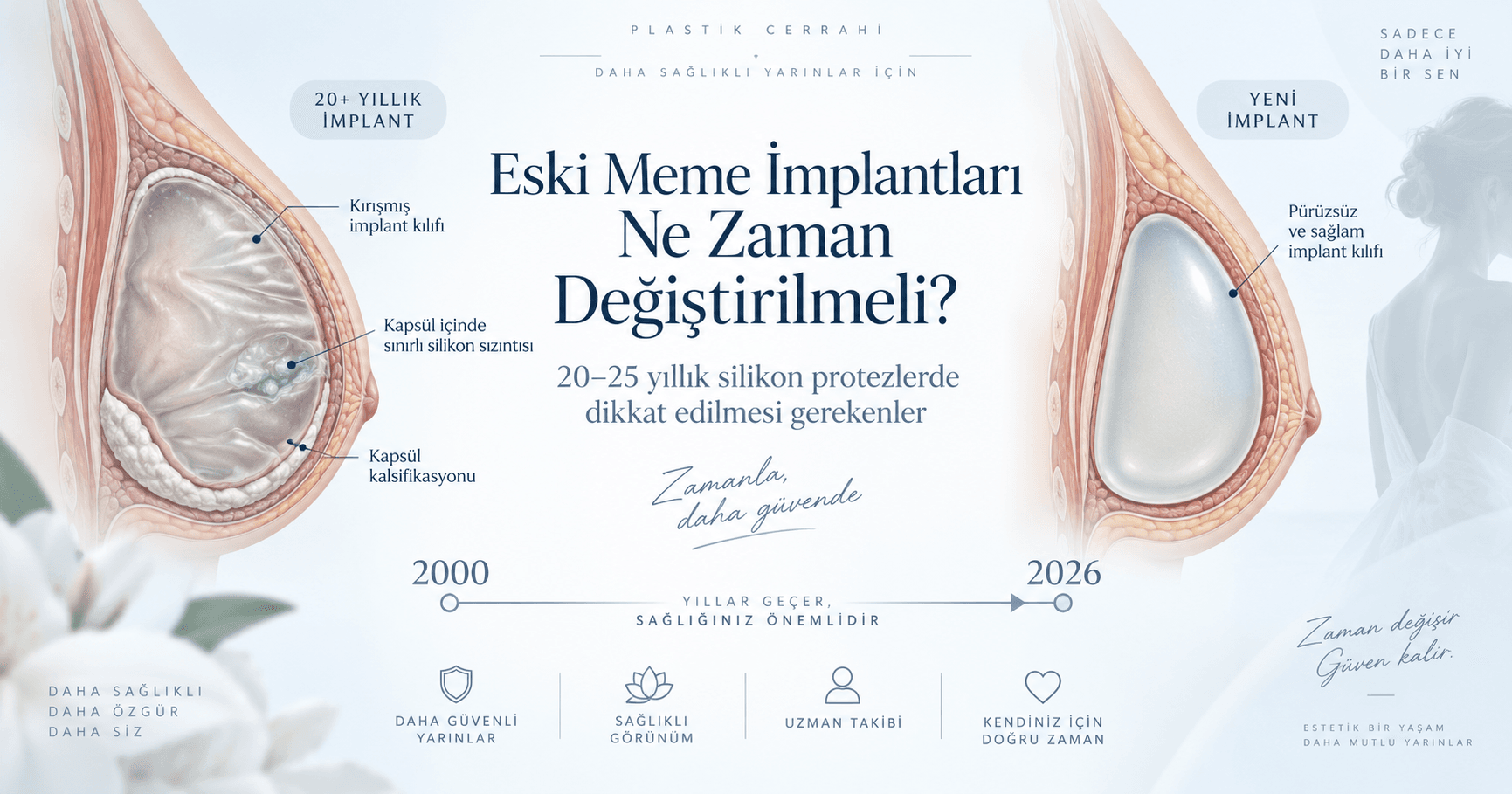 20–25 yıllık meme implantlarında silikon sızıntısı, kapsül kalsifikasyonu ve implant değişimini anlatan şematik görsel.