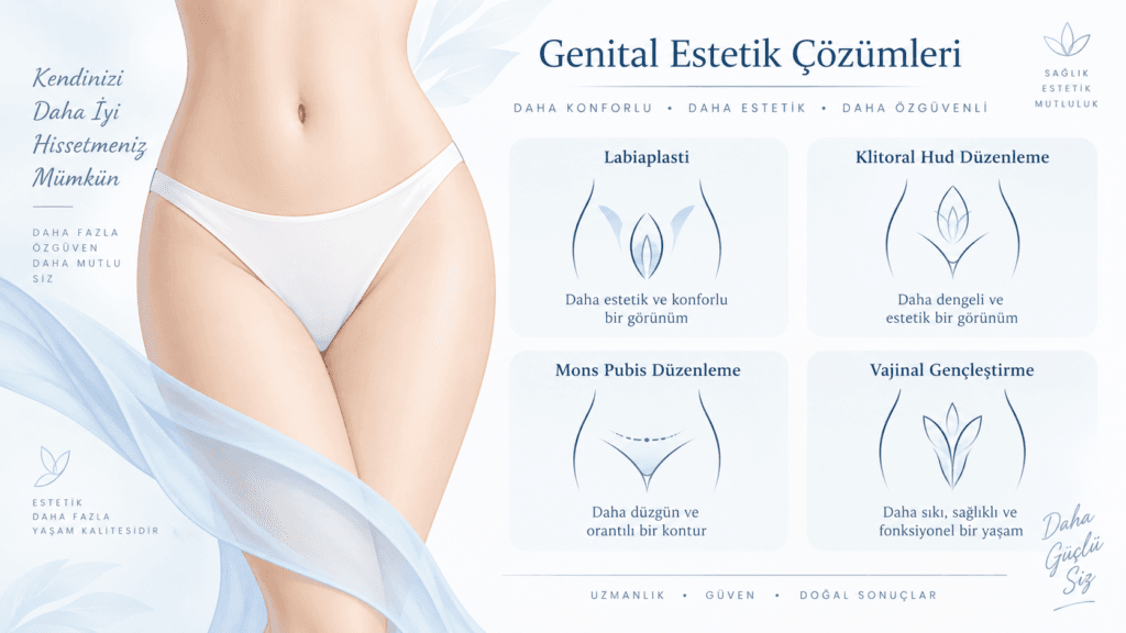 Genital estetikte labioplasti, vajinal daraltma, perineoplasti, klitoral hood düzenleme, yağ enjeksiyonu ve mons pubis estetiğini gösteren medikal infografik
