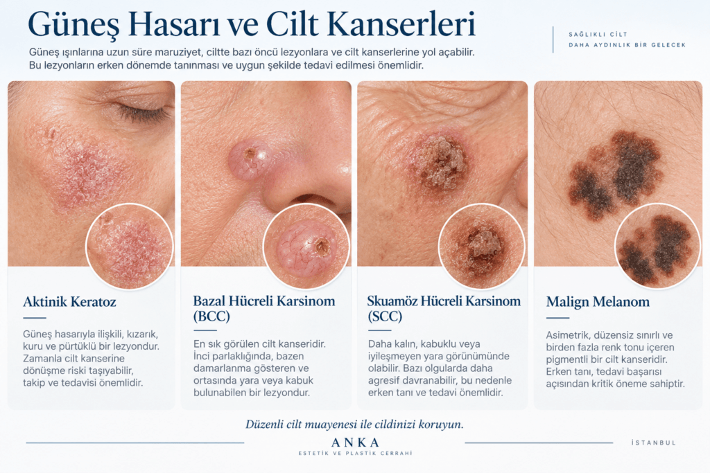 Aktinik keratoz, bazal hücreli karsinom, skuamöz hücreli karsinom ve malign melanomun karşılaştırmalı görünümleri.
