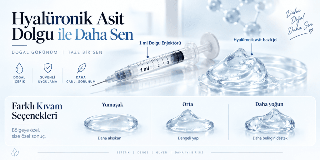 Hyaluronik asit dolgu uygulamasında kullanılan 1 ml enjektör ve dolgu jelinin yapısını gösteren bilgilendirici infografik