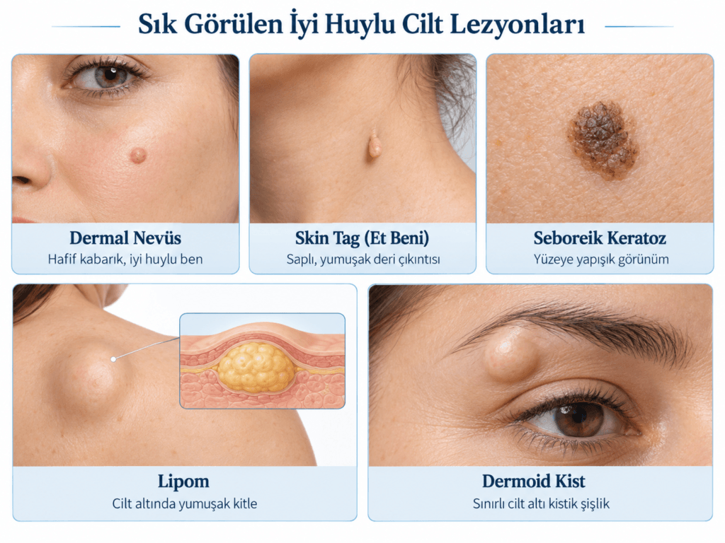 Dermal nevüs, skin tag, seboreik keratoz, lipom ve dermoid kistin şematik karşılaştırması.
