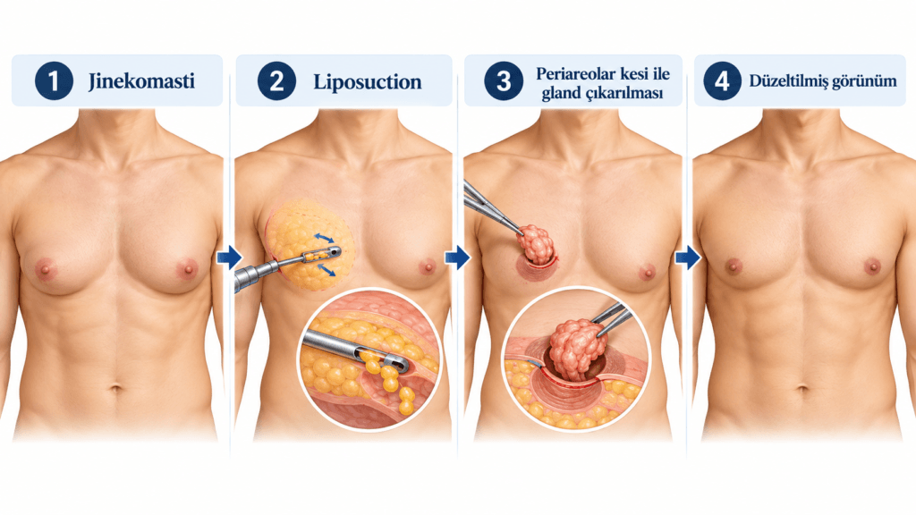 Jinekomasti ameliyatında liposuction ve periareolar kesi ile gland dokusunun çıkarılmasını gösteren dört aşamalı medikal görsel.