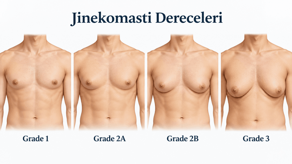 Erkek memesinde jinekomasti derecelerini gösteren şematik medikal görsel.