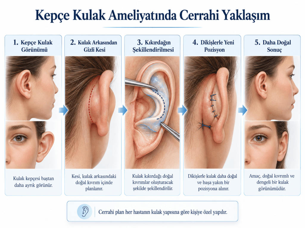 Kepçe kulak ameliyatında kulak arkasından yapılan kesi, kıkırdağın şekillendirilmesi ve sütürlerle kulağın başa yaklaştırılmasını gösteren medikal infografik