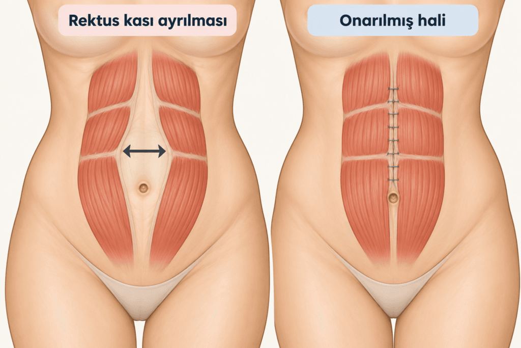 Karın duvarında rektus kası ayrılmasını ve orta hatta dikişlerle onarılmış halini gösteren şematik tıbbi görsel.