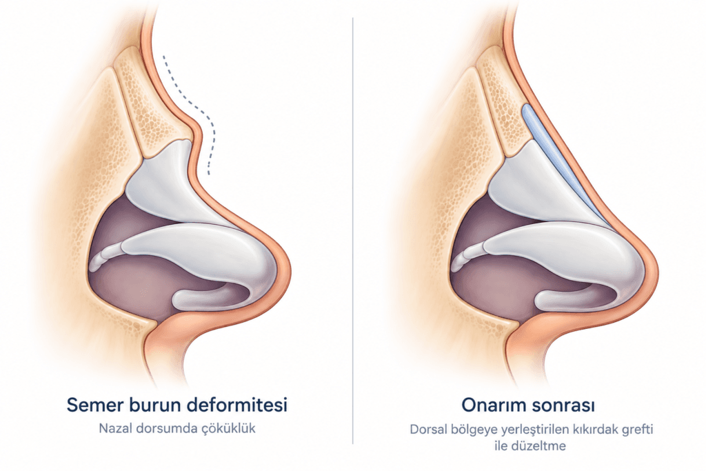 Semer burun deformitesinde çökmüş nazal dorsumun kıkırdak grefti ile onarımını gösteren şematik karşılaştırma.