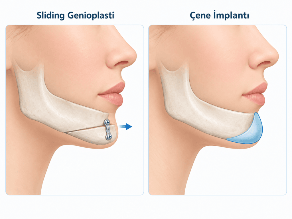 Sliding genioplasti ve çene implantı yöntemlerini yandan görünümle karşılaştıran şematik çene estetiği görseli.