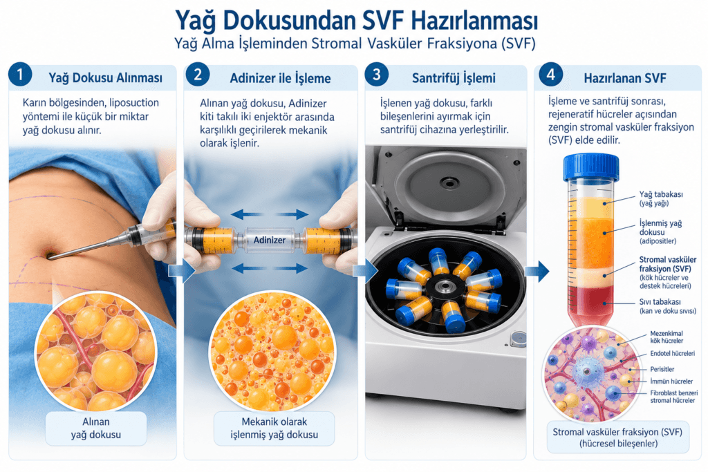 Karından yağ alınması, yağ dokusunun adenizer kit ile parçalanması, santrifüje konulması ve tüpte hazırlanmış SVF’nin gösterildiği şematik görsel.
