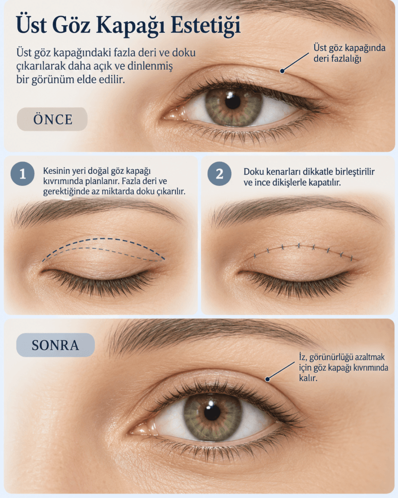 Üst göz kapağı estetiğinde fazla derinin çıkarılması, kesi hattı ve ameliyat sonrası görünümü gösteren medikal infografik