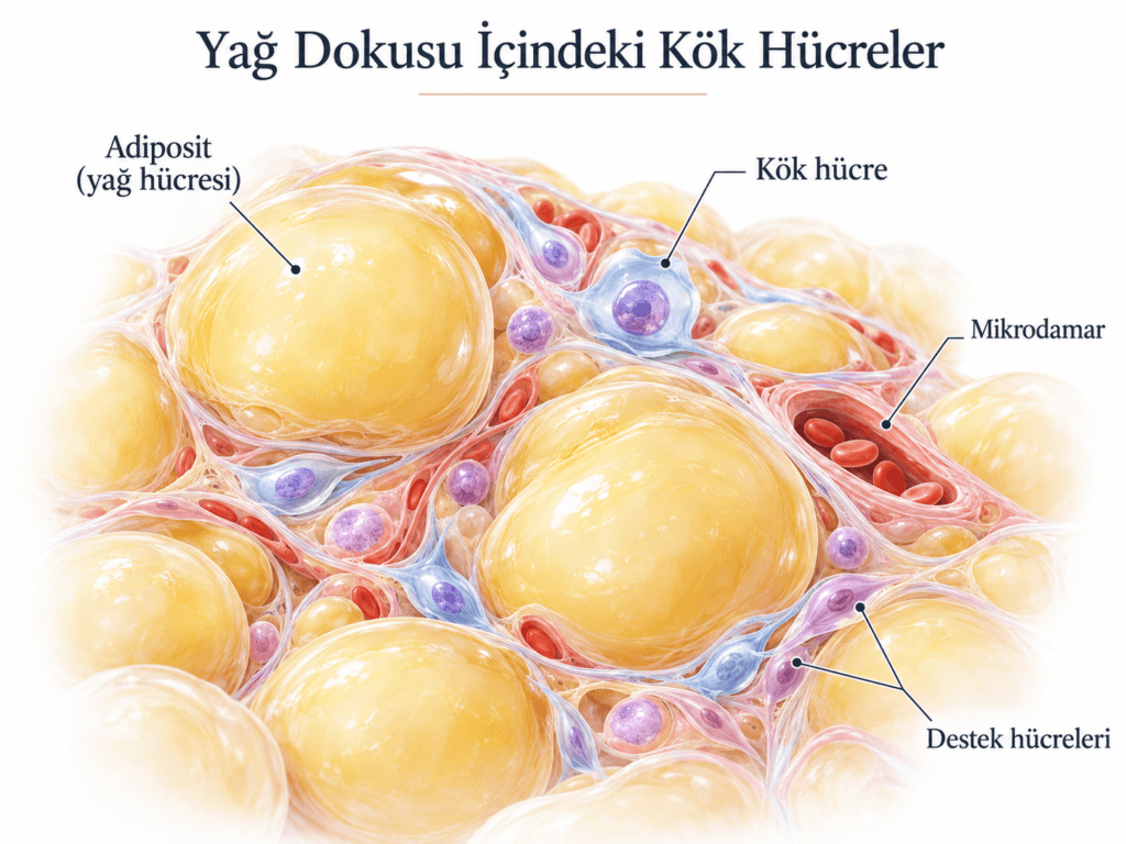 Yağ dokusu içinde adipositler, kök hücreler, mikrod­amarlar ve destek hücrelerini gösteren medikal illüstrasyon.