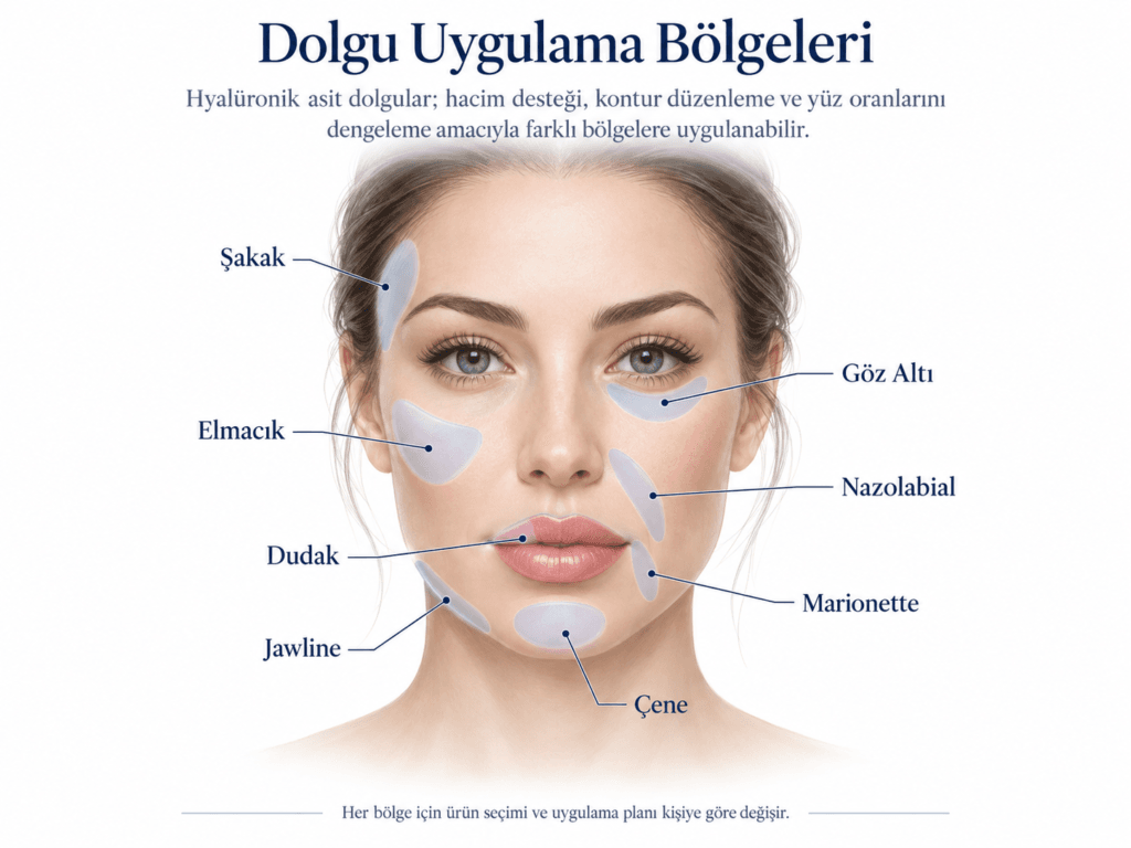 Yüz dolgusu uygulama bölgelerini gösteren şematik görsel; şakak, elmacık kemiği, göz altı, dudak, nazolabial bölge, marionette çizgileri, çene ve jawline.