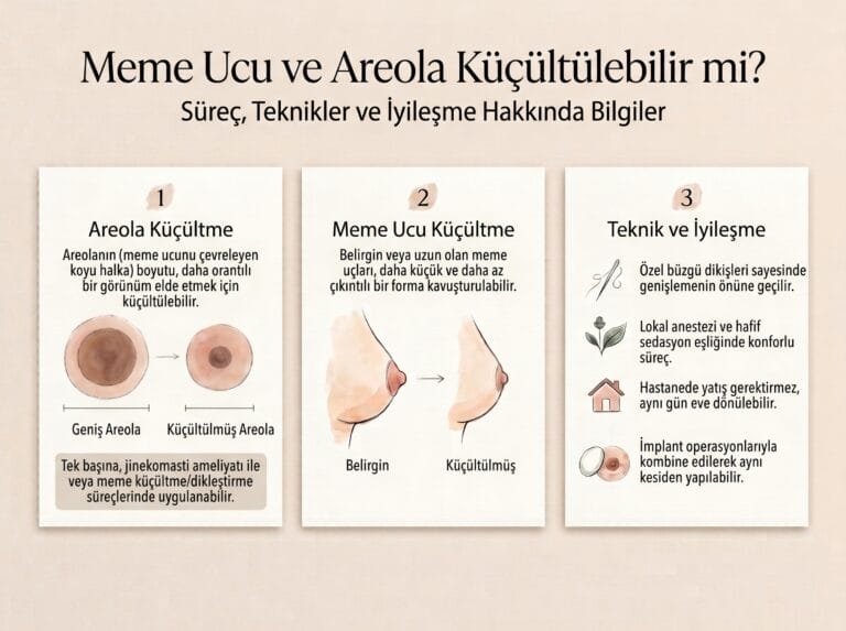 Areola ve meme başı küçültme işlemlerini, yaklaşık referans çapları, kalıcı purse-string dikiş, sedasyon ve lokal anestezi ile aynı gün taburculuk sürecini gösteren medikal infografik.