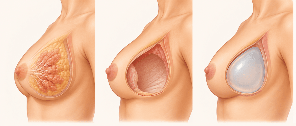 BRCA pozitif hastada meme altı kıvrımından koruyucu mastektomi ve silikon implant ile meme rekonstrüksiyonunu gösteren üç aşamalı tıbbi illüstrasyon