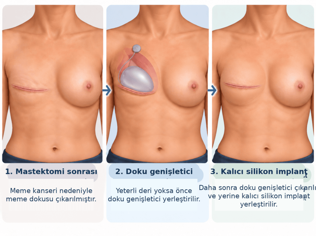 Mastektomi sonrası implant ile meme rekonstrüksiyonunun üç aşamasını Türkçe açıklamalarla gösteren tıbbi illüstrasyon: mastektomi sonrası görünüm, doku genişletici yerleştirilmesi ve kalıcı silikon implant ile rekonstrüksiyon.