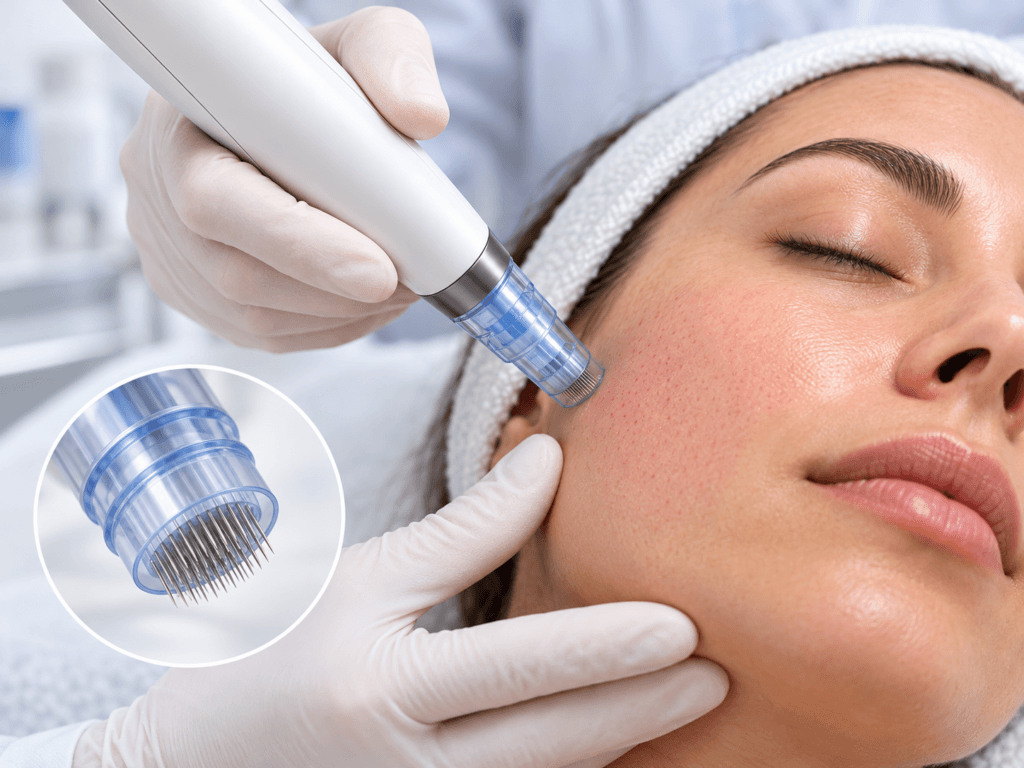 Mikroiğneleme cihazı ile yüzde Dermapen uygulaması ve iğne kartuşunun yakın görünümü